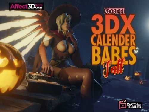 Xordel's 3DX Calendar Babes - Fall animated porn, fantasy babe sitting with halloween pumpkins