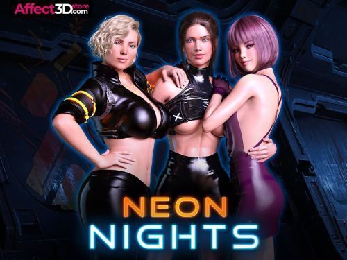 Neon Nights Visual Novel porn game, three women huging each other