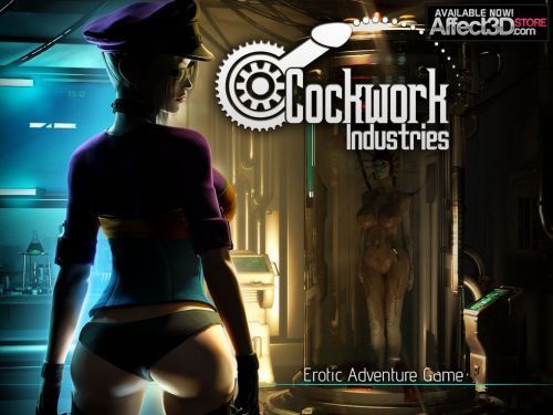 Cockwork Industries porn game, cover image with a hot babe in sexy outfit