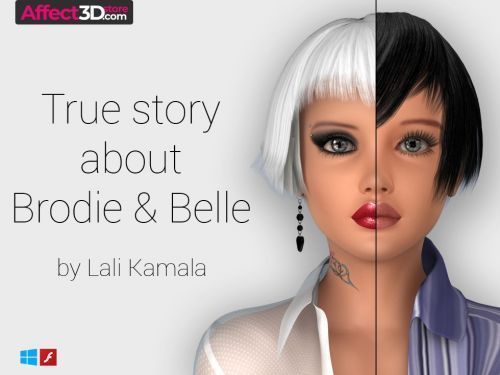 True Story About Brodie and Belle porn game, woman in white hair and tatto on her neck and a black hair babe stading next to each other and the title of the game showing next to them