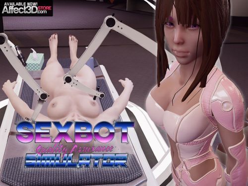 Sexbot Quality Assurance Simulator vr porn game, brunette in sexy pink outfit standing next to a sex robot
